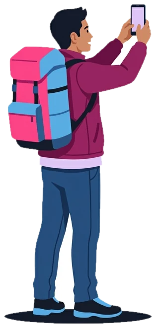 A hiker with a pink backpack holding his phone up to take a photo