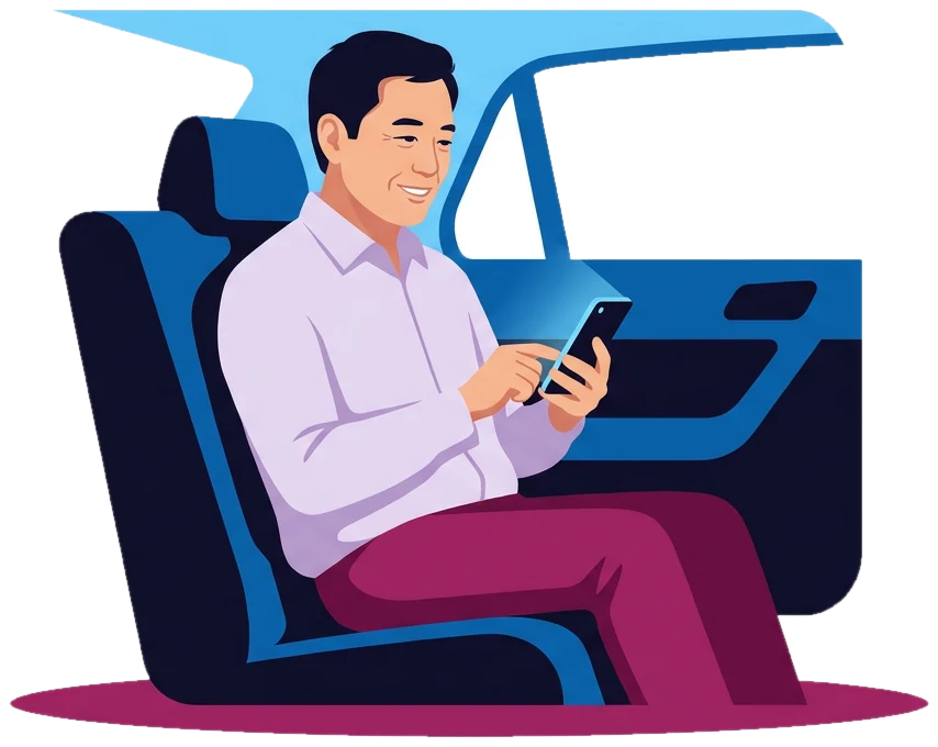 A man in the back of a taxi, smiling as he types a message